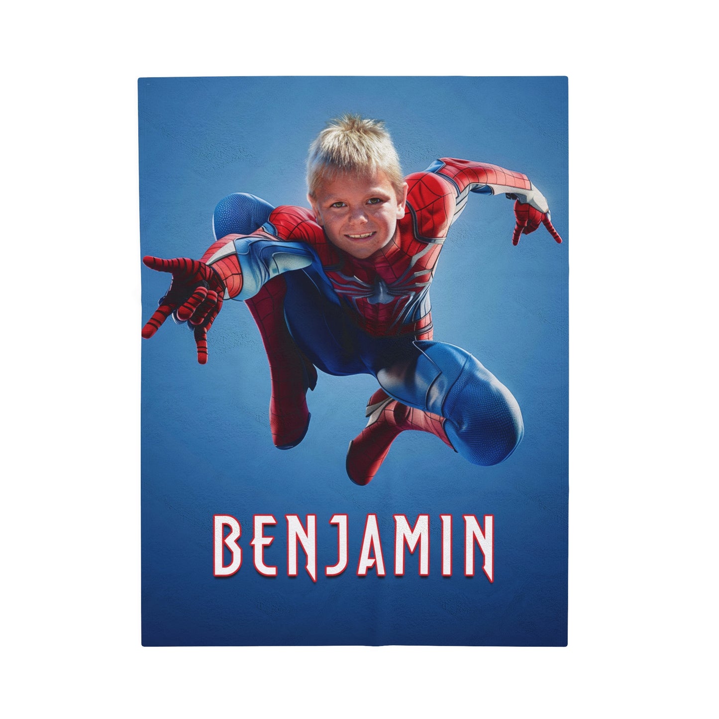 Example of superhero blanket with child superimposed