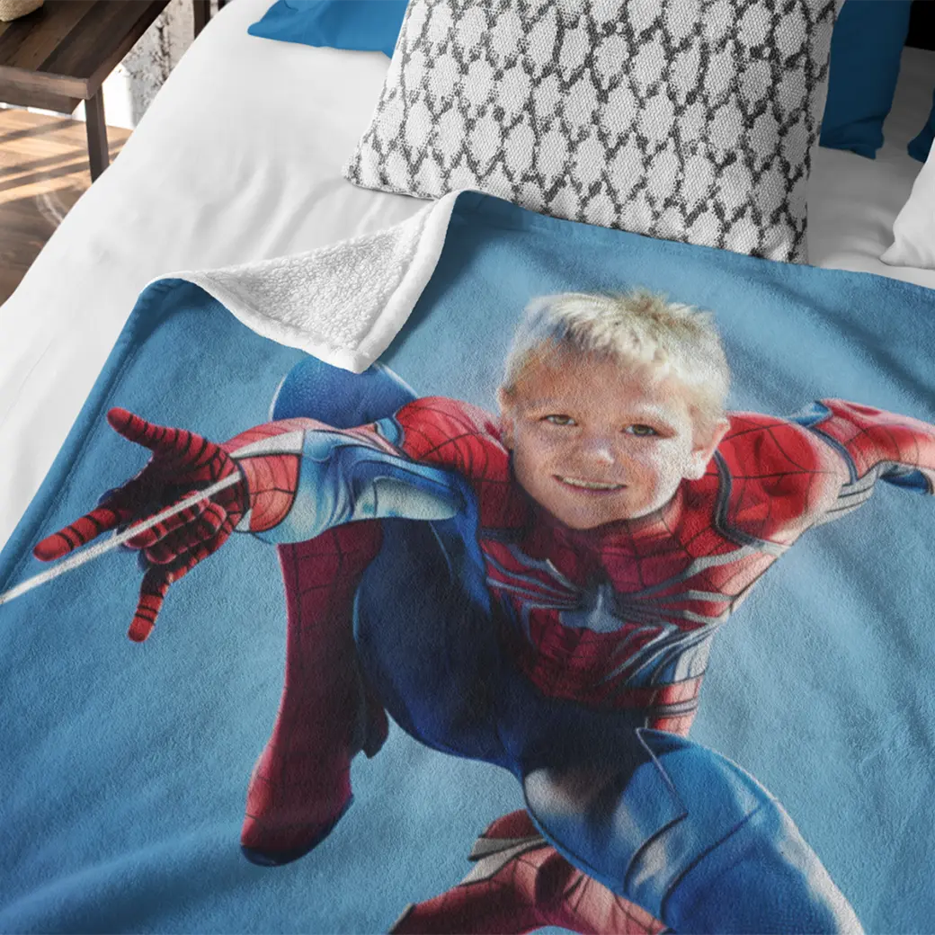 close up of personalized superhero blanket
