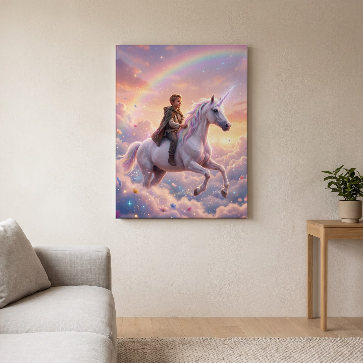 Personalized unicorn rider artwork shown on canvas