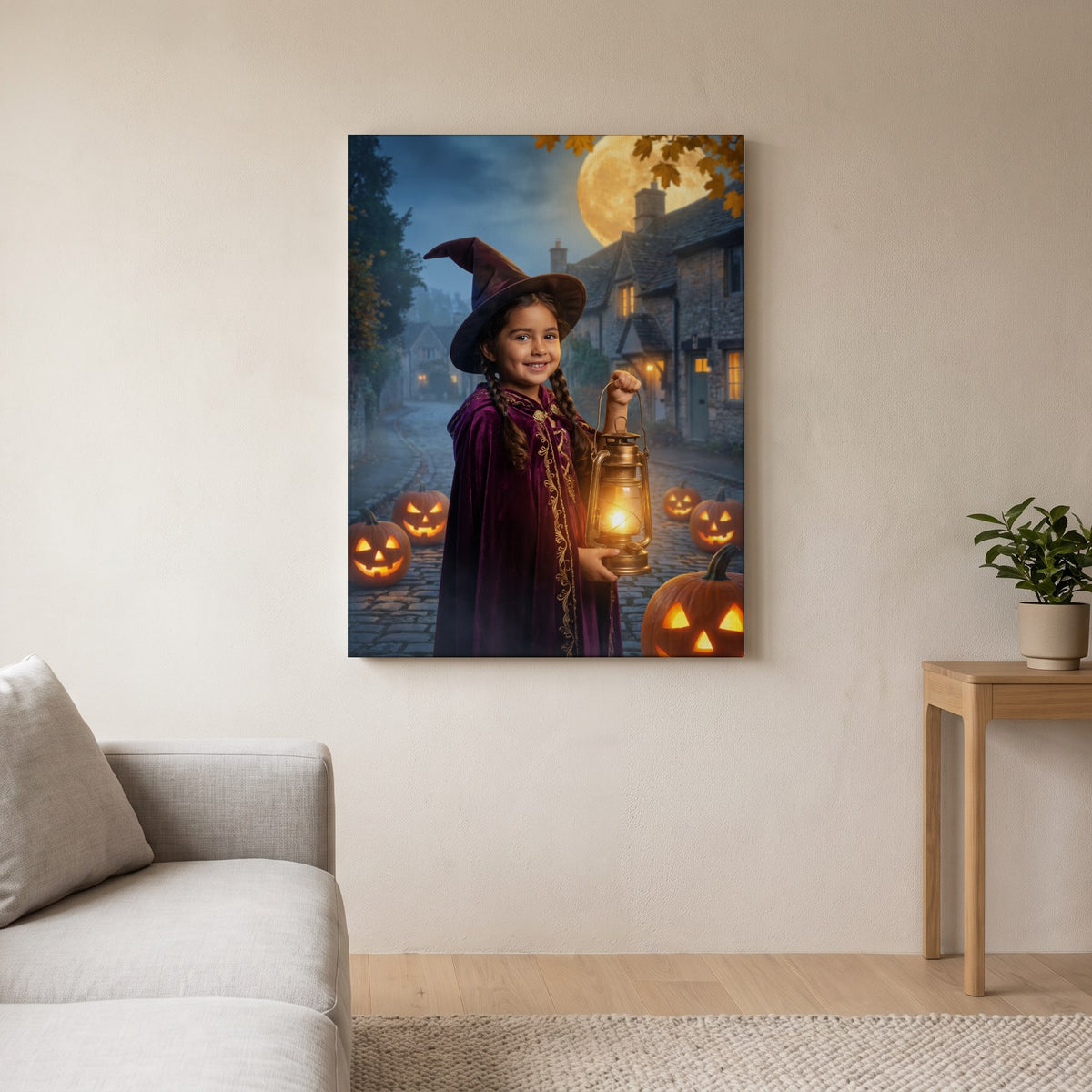 Personalized witch and wizard Halloween artwork shown on canvas