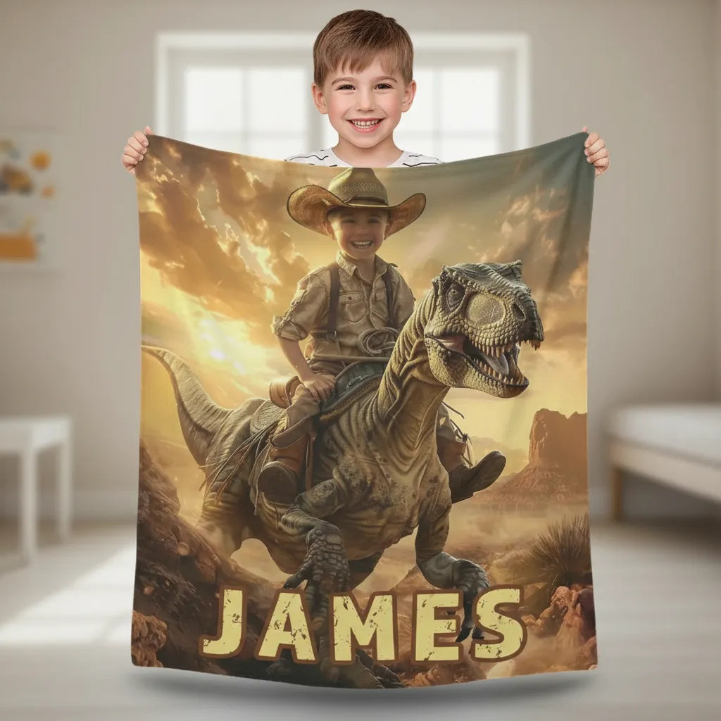 Child holding a blanket with a dinosaur and cowboy design, featuring the name 'James'.