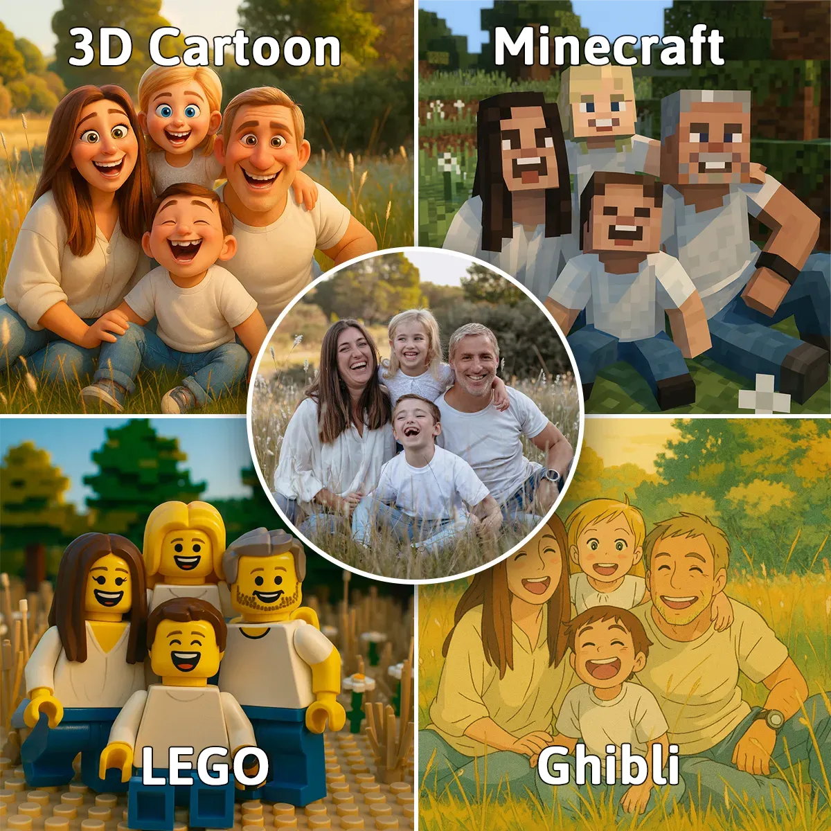 Collage of family photos with different cartoon styles labeled '3D Cartoon', 'Minecraft', 'LEGO', and 'Ghibli'.