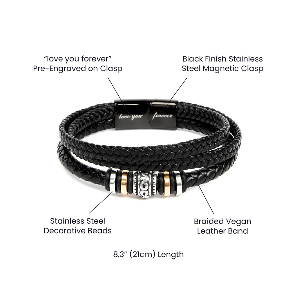 Black braided vegan leather bracelet with engraved clasp and decorative beads on a white background