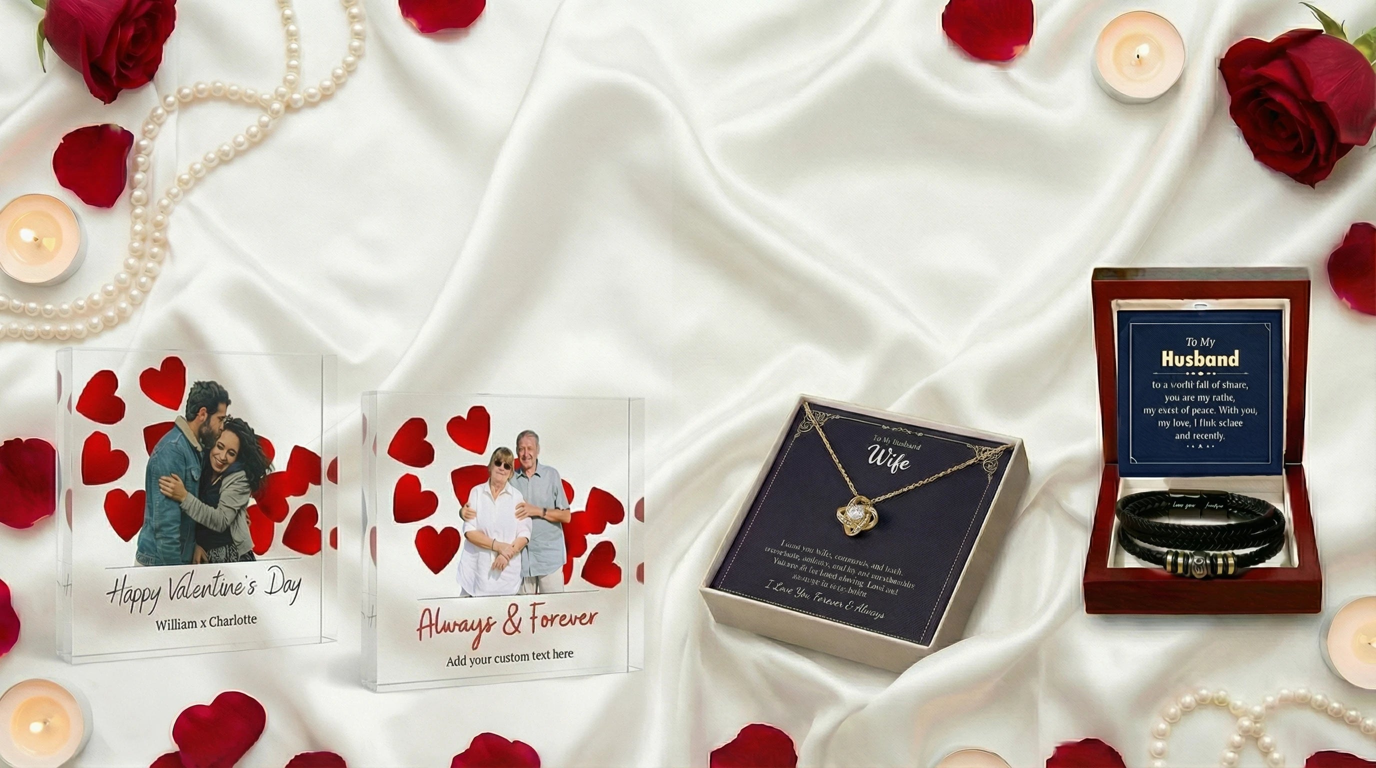 Personalized valentines gift showing acryl photo blocks and jewelery