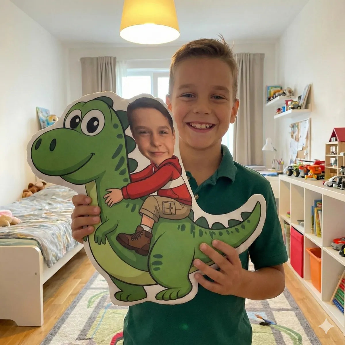 boy is holding his custom shaped pillow with him riding a dinosaur