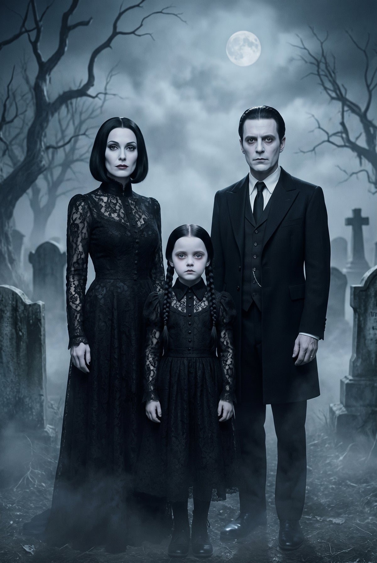 Personalized spooky gothic family portrait shown on canvas