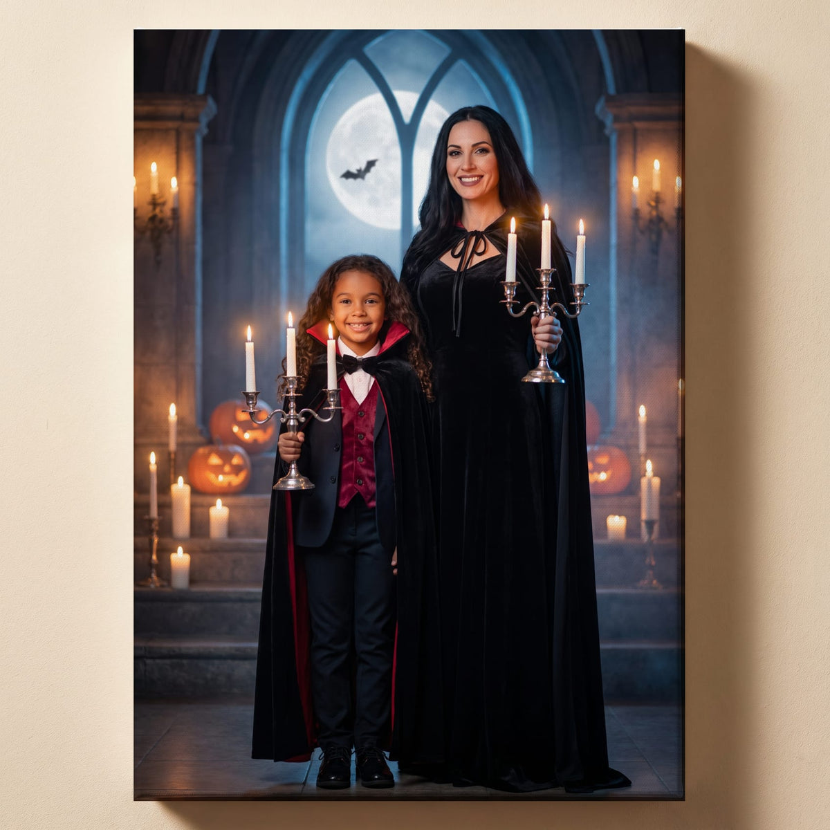 Personalized friendly vampire Halloween artwork shown on canvas
