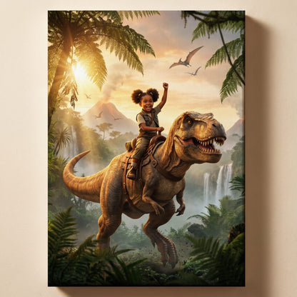 Personalized dinosaur rider artwork shown on canvas