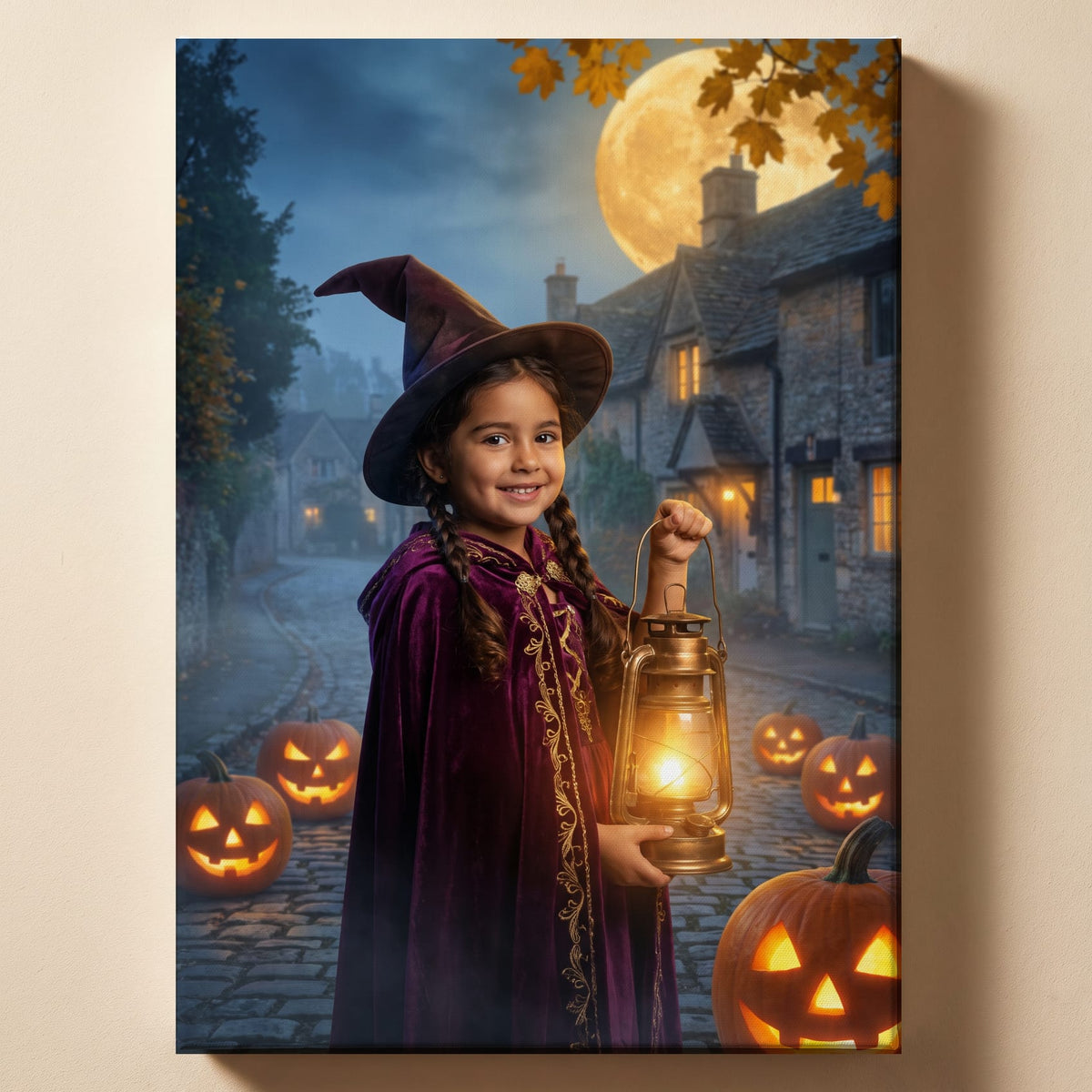 Personalized witch and wizard Halloween artwork shown on canvas