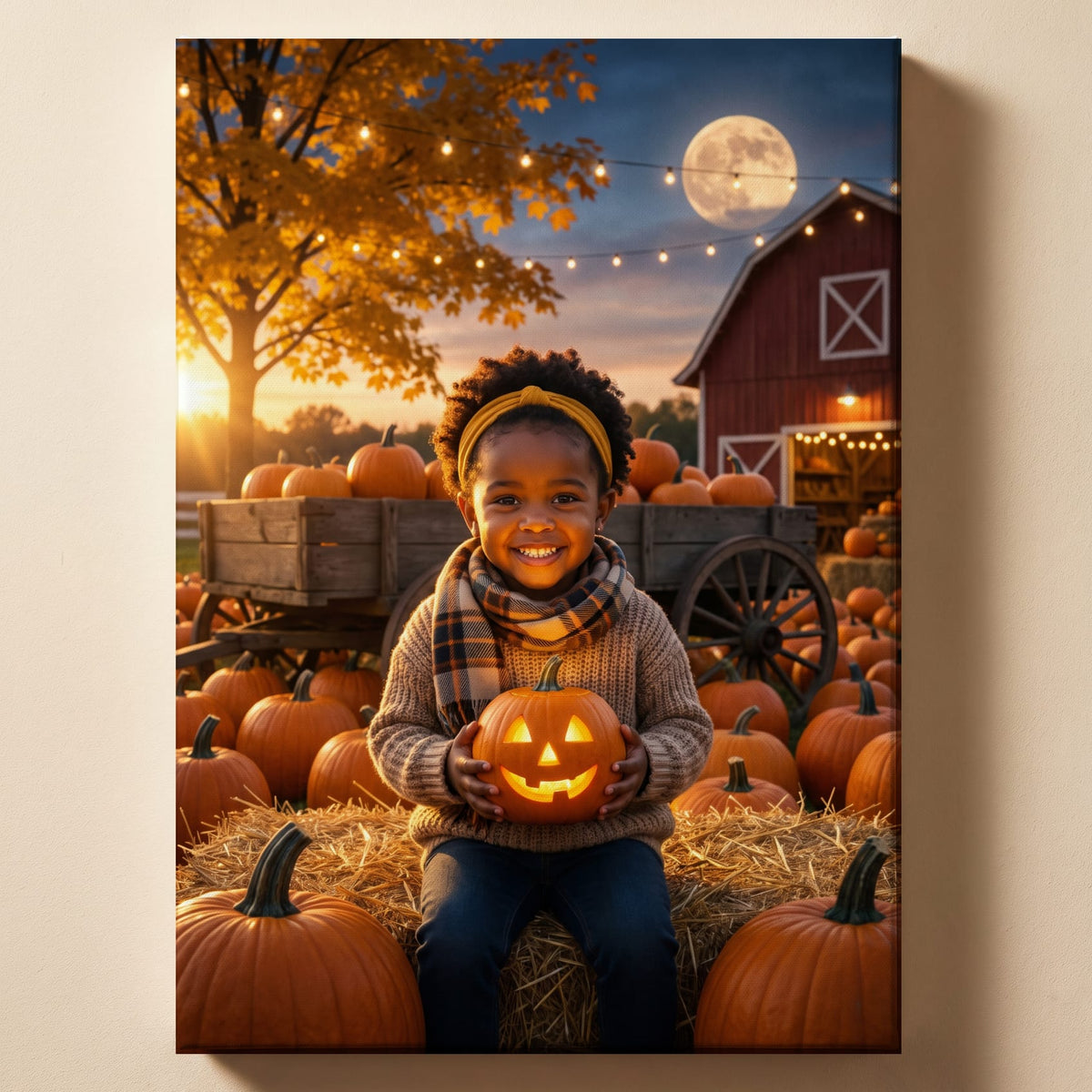 Personalized pumpkin patch autumn artwork shown on canvas