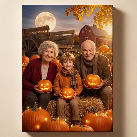 Personalized pumpkin patch autumn artwork shown on canvas