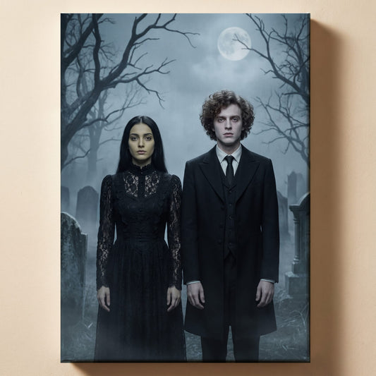 Personalized spooky gothic family portrait shown on canvas