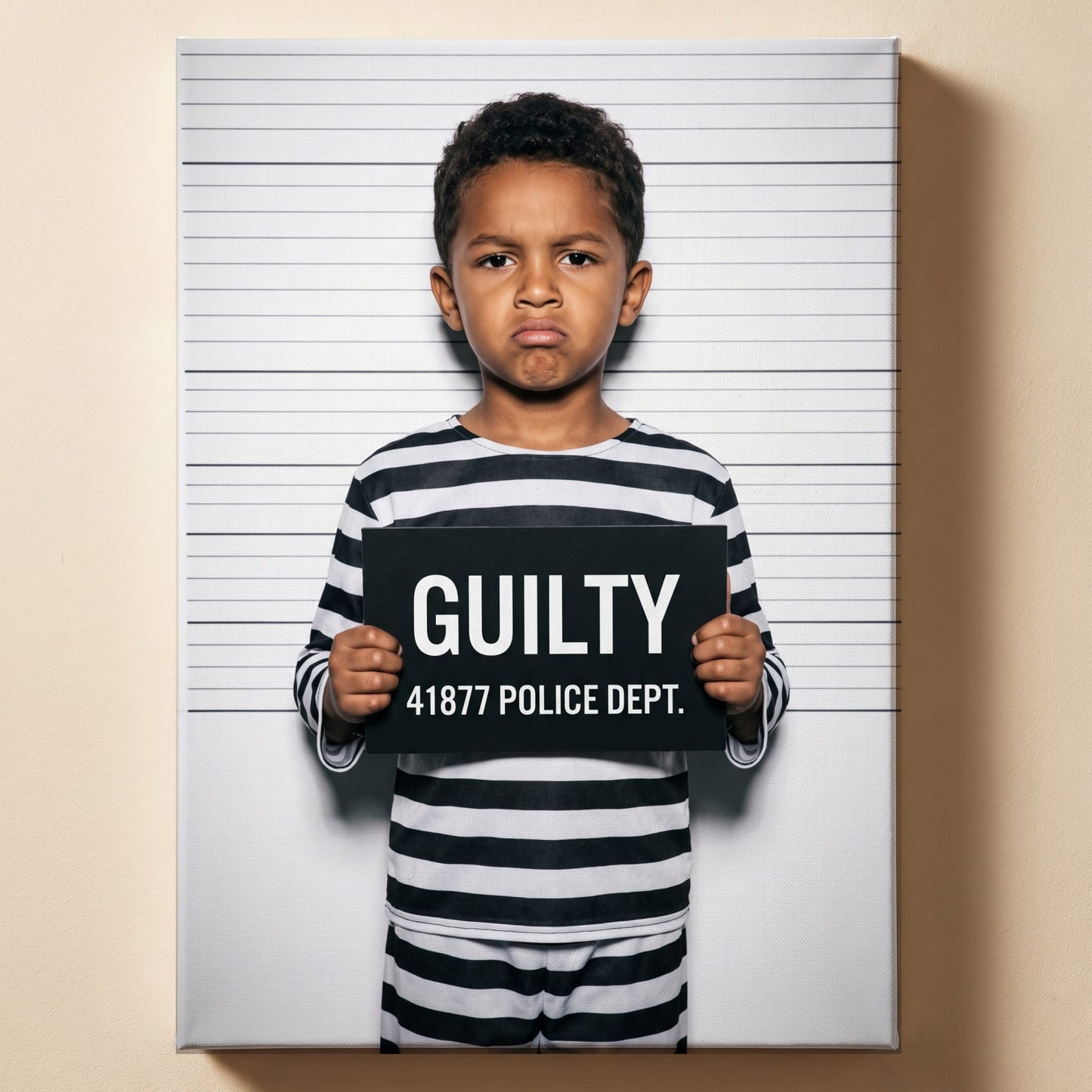 Personalized mugshot joke artwork shown on canvas