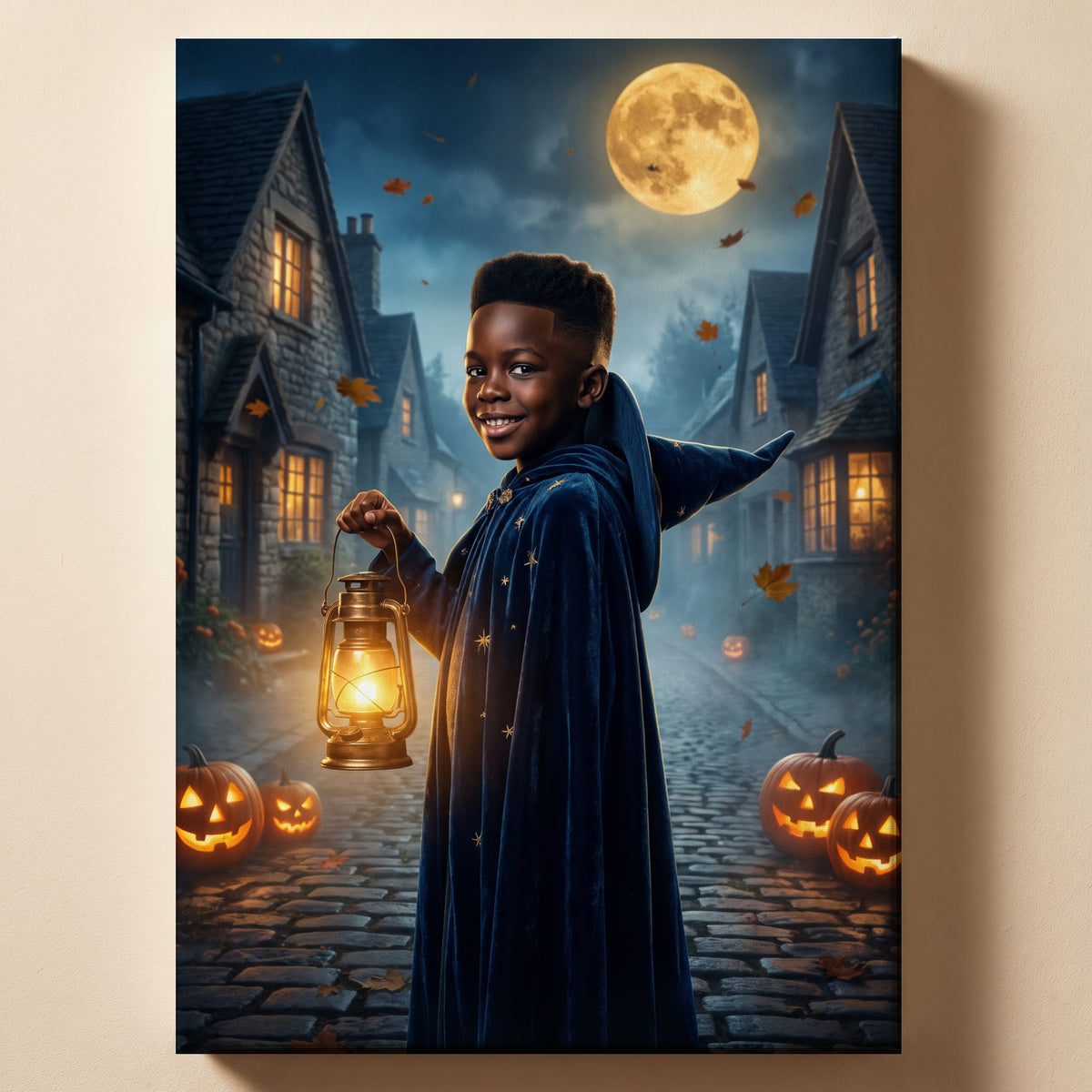Personalized witch and wizard Halloween artwork shown on canvas