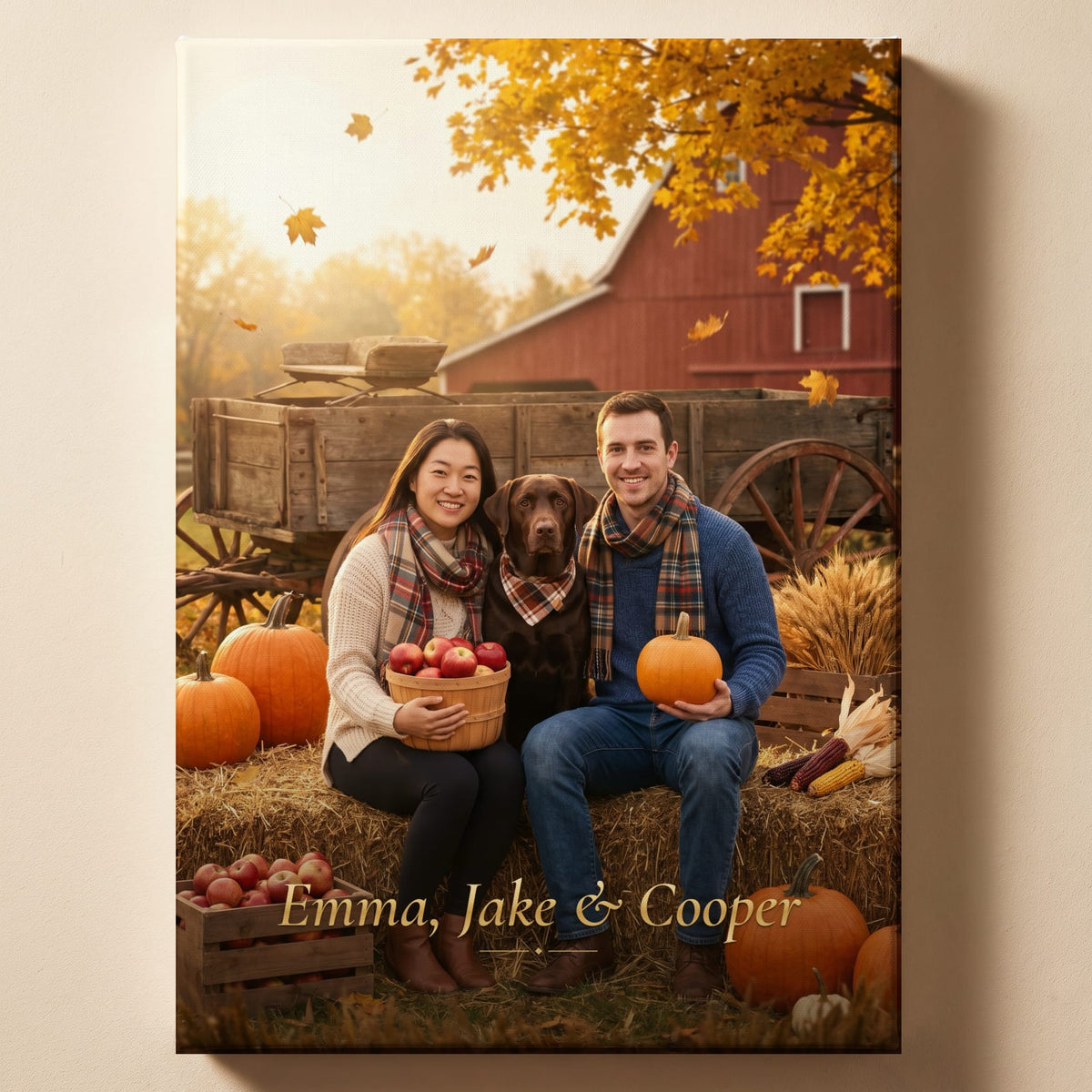 Personalized autumn harvest family portrait with the family's names as a title, shown on canvas