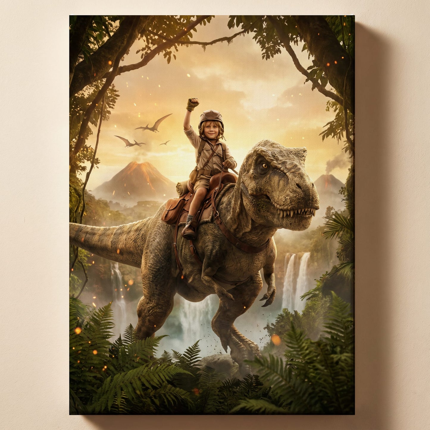 Personalized dinosaur rider artwork shown on canvas