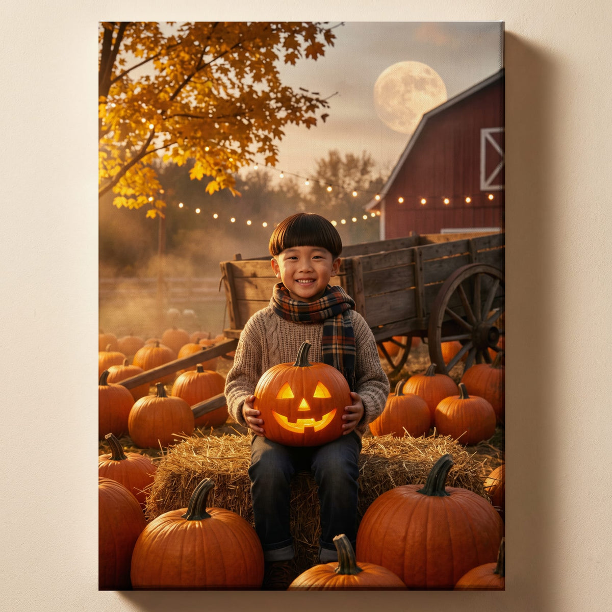 Personalized pumpkin patch autumn artwork shown on canvas