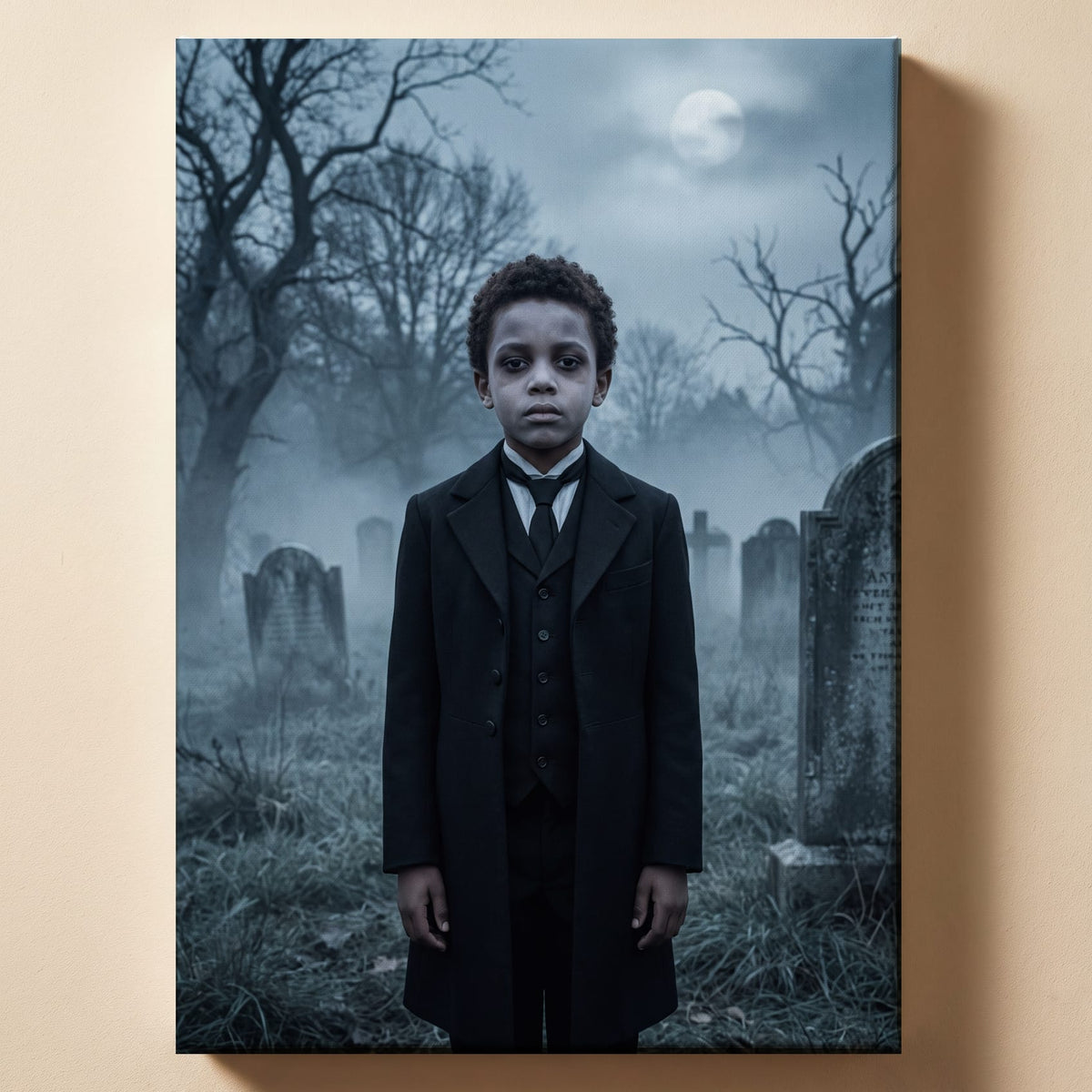 Personalized spooky gothic family portrait shown on canvas