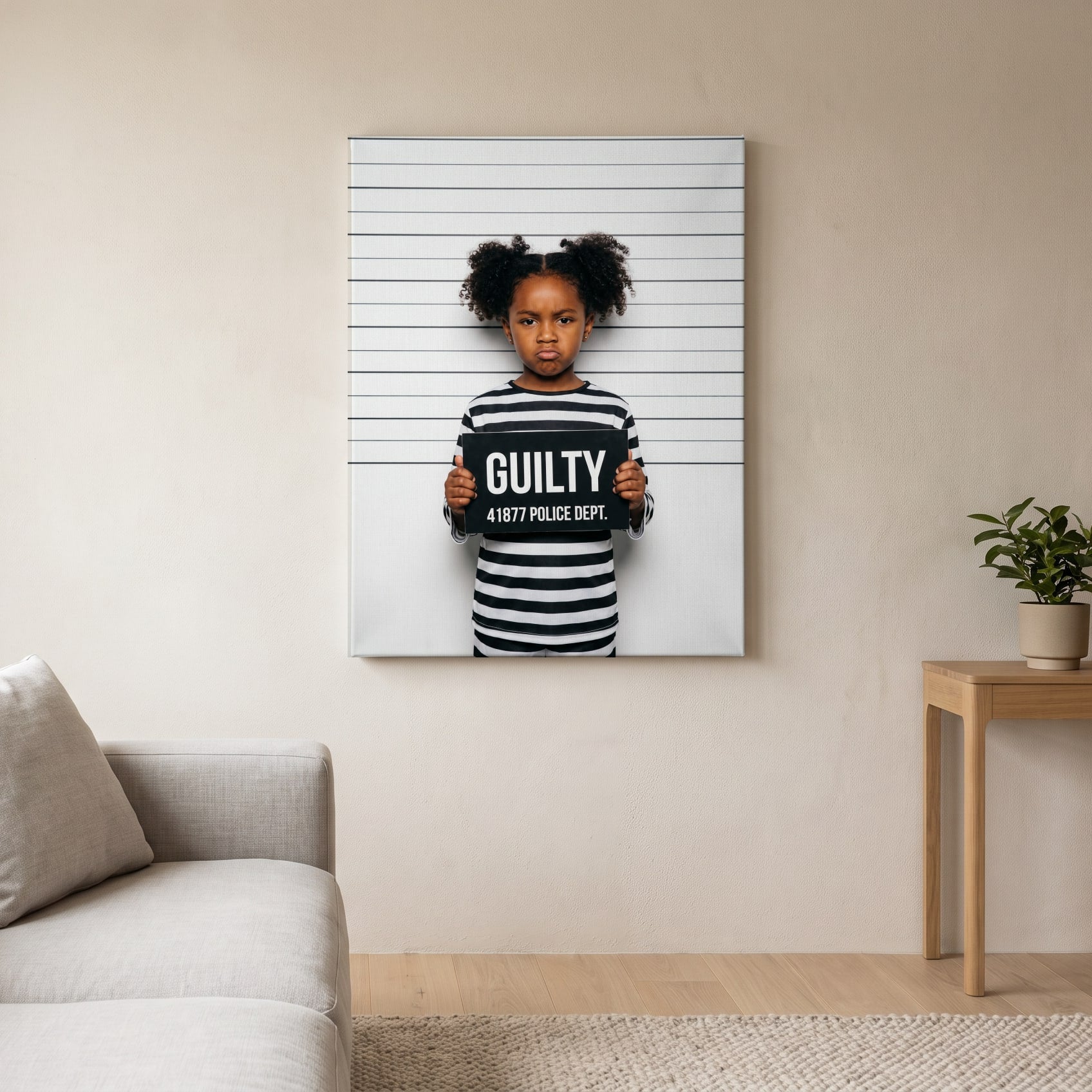 Personalized mugshot joke artwork shown on canvas