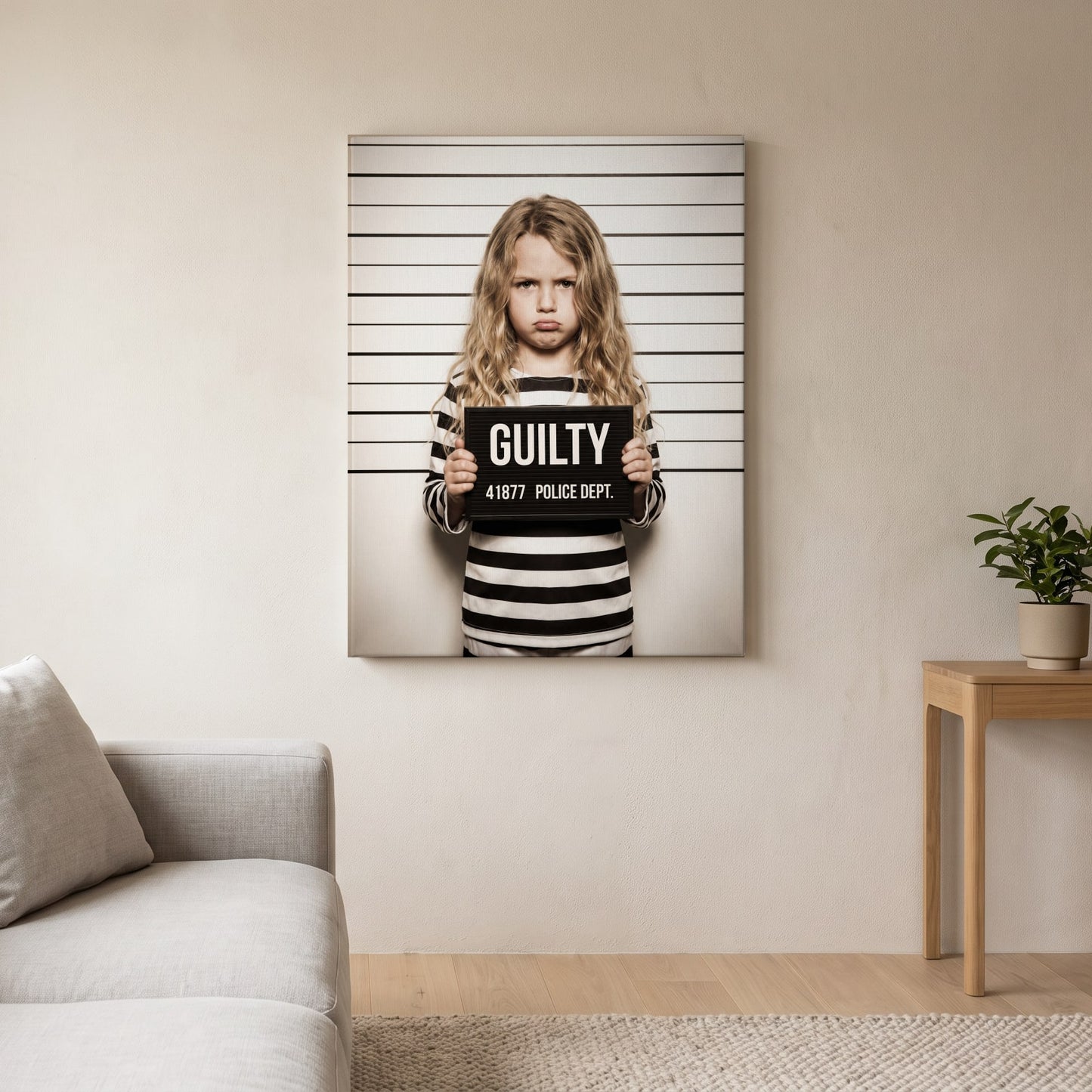 Personalized mugshot joke artwork shown on canvas
