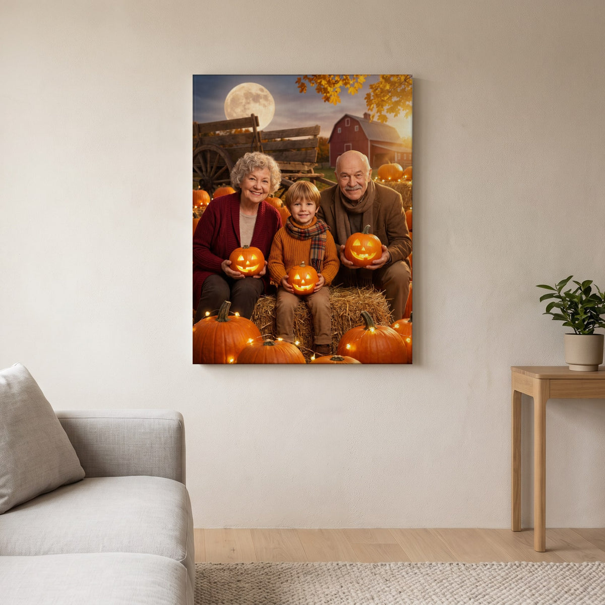 Personalized pumpkin patch autumn artwork shown on canvas