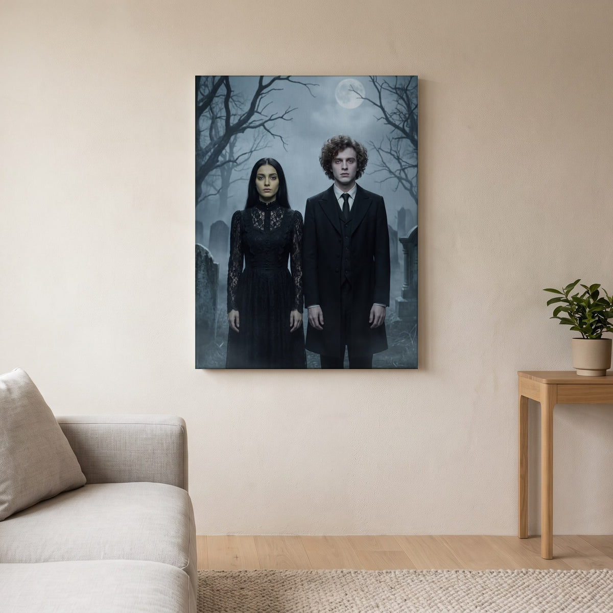 Personalized spooky gothic family portrait shown on canvas