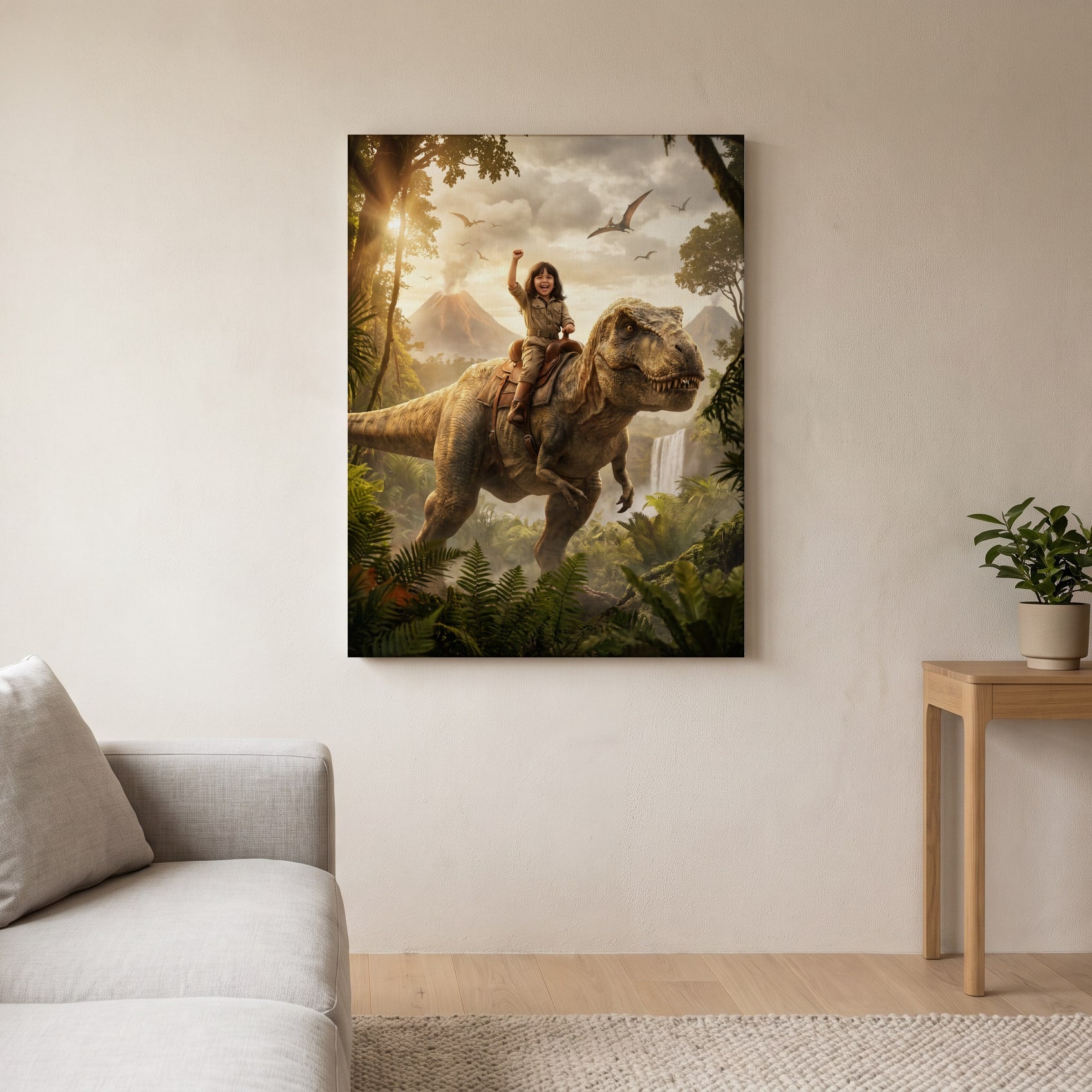 Personalized dinosaur rider artwork shown on canvas
