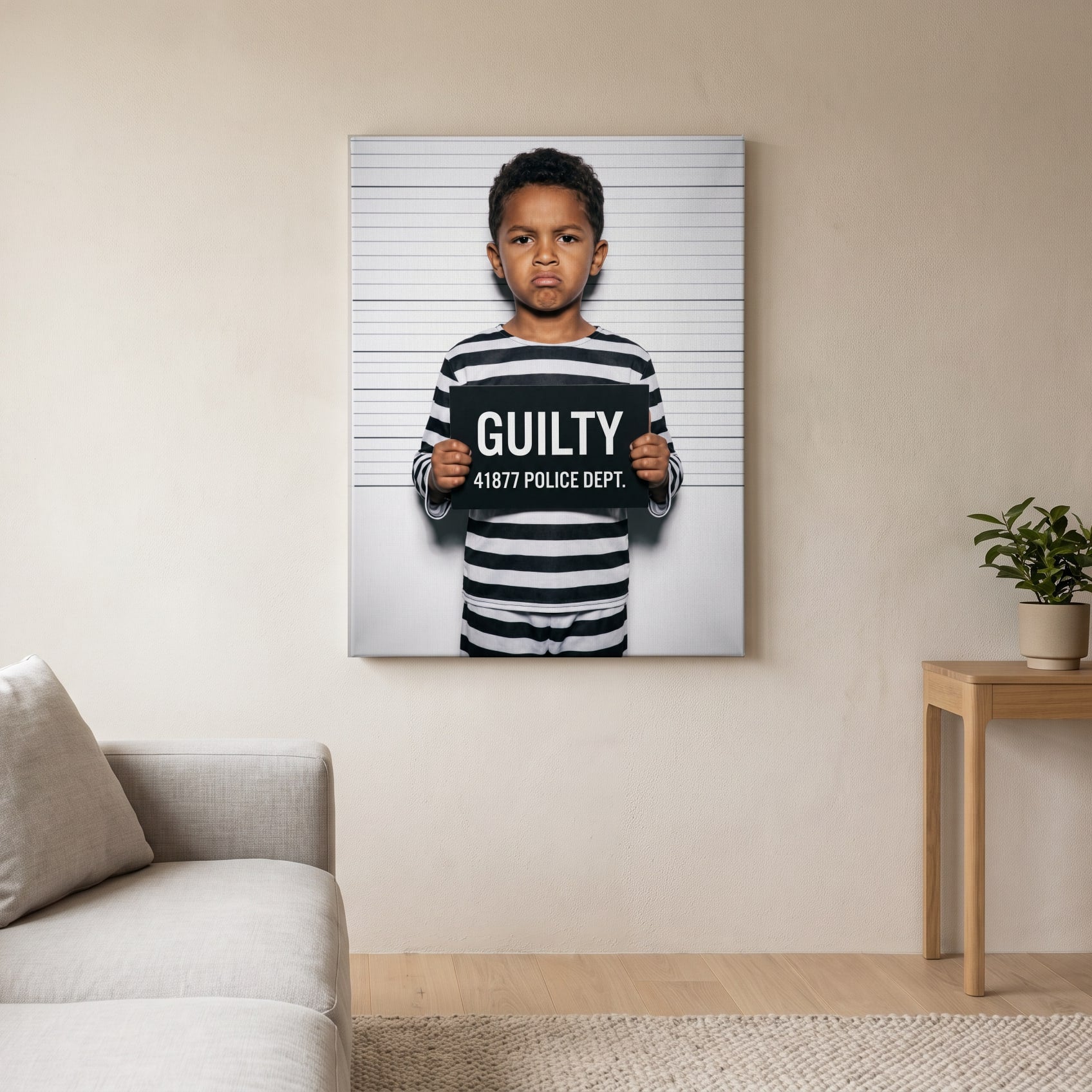 Personalized mugshot joke artwork shown on canvas