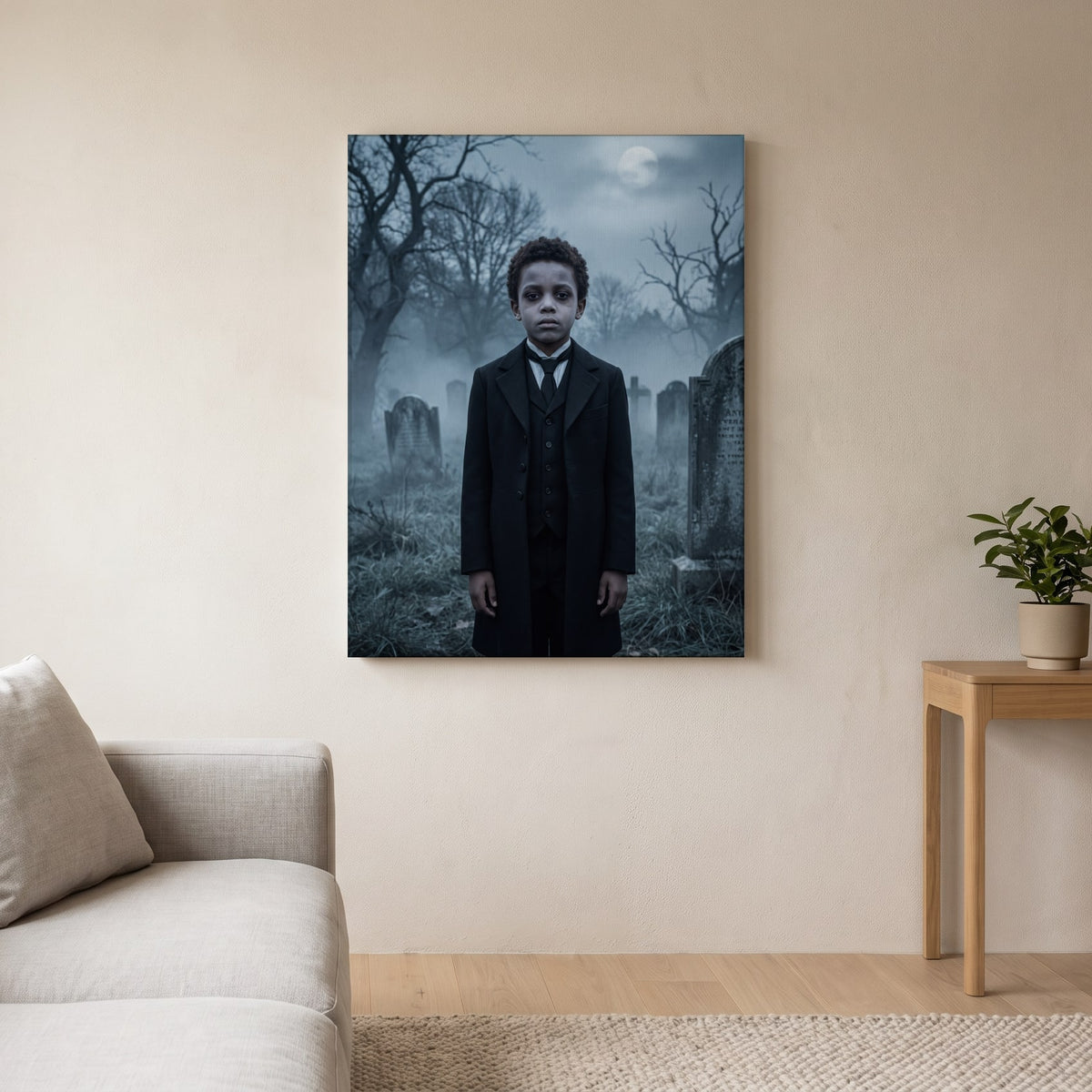 Personalized spooky gothic family portrait shown on canvas