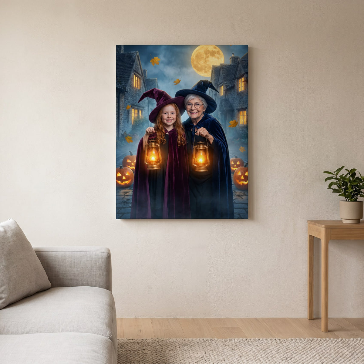 Personalized witch and wizard Halloween artwork shown on canvas