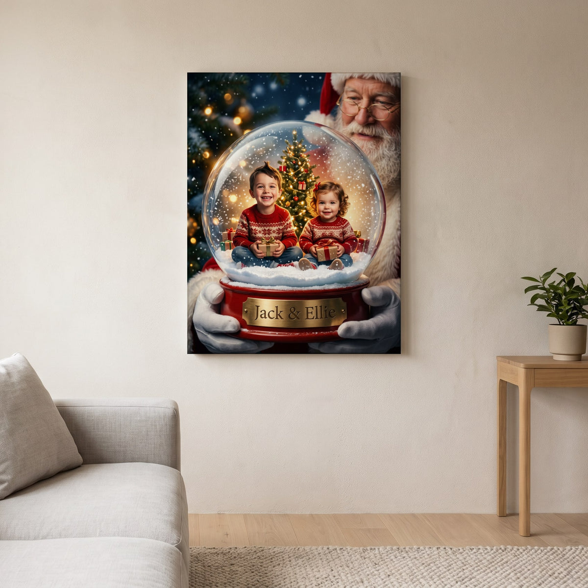 Personalized Christmas snow globe portrait shown on canvas