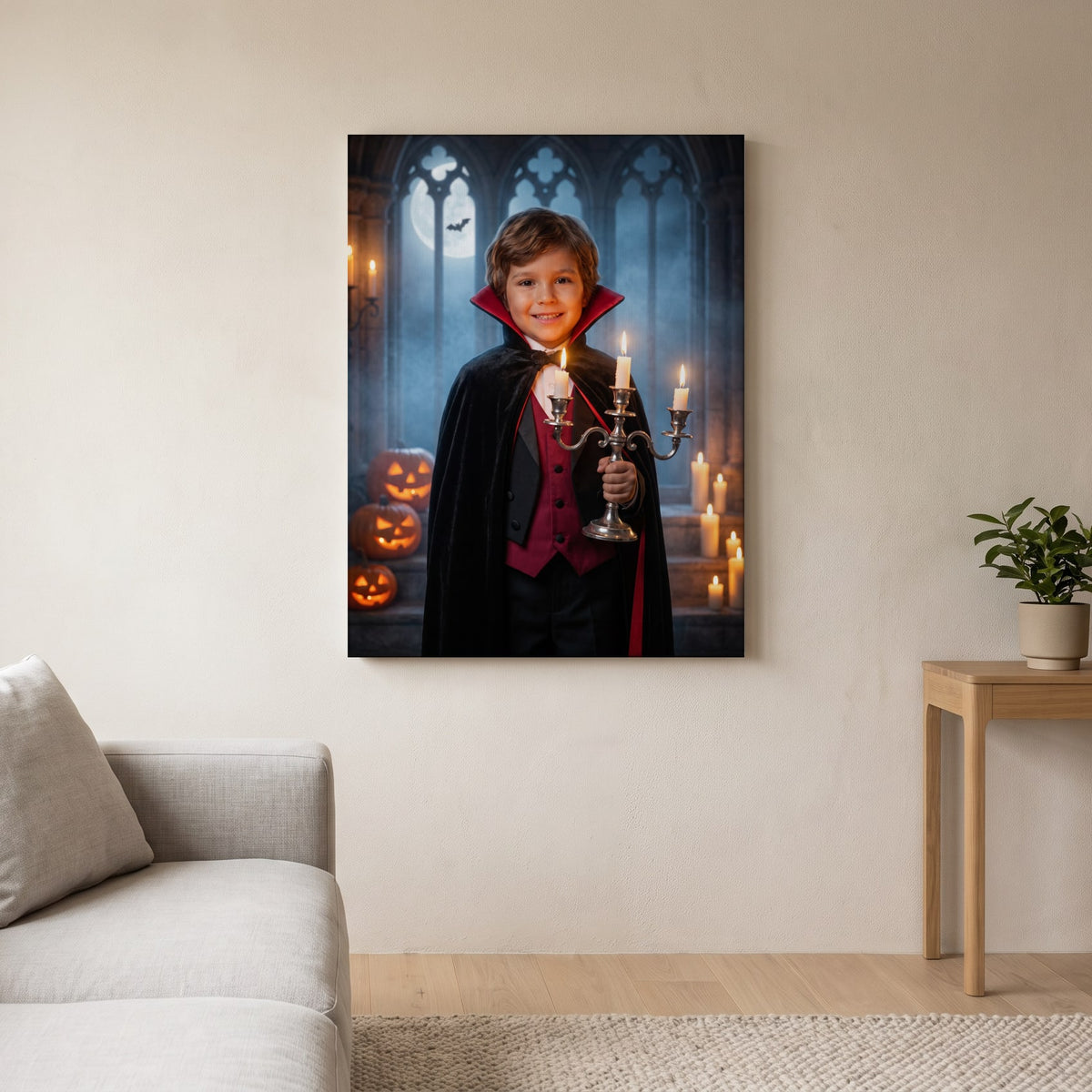 Personalized friendly vampire Halloween artwork shown on canvas