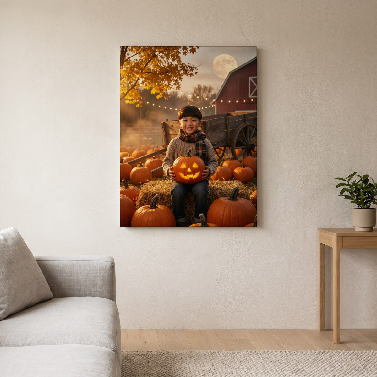 Personalized pumpkin patch autumn artwork shown on canvas