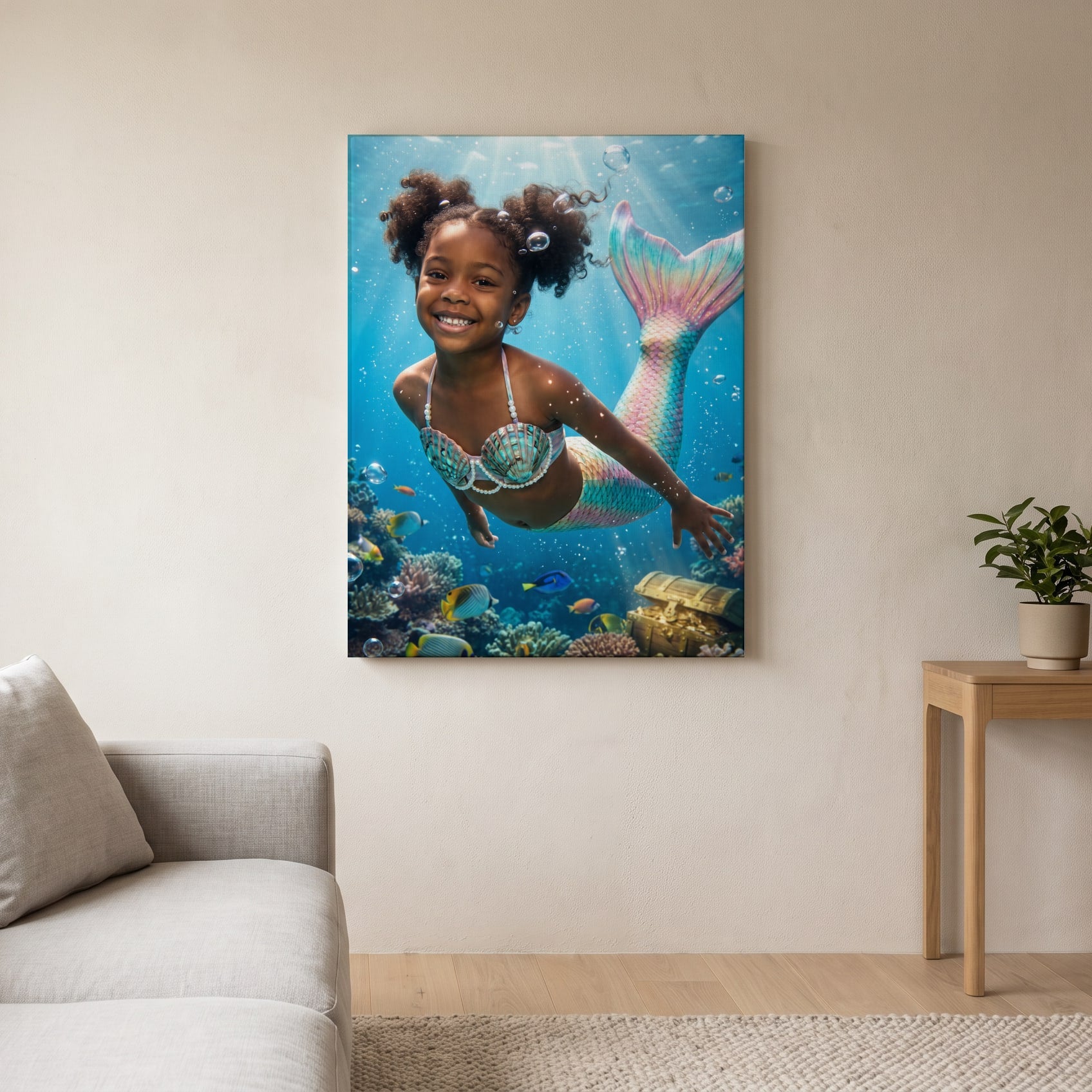 Personalized mermaid artwork shown on canvas