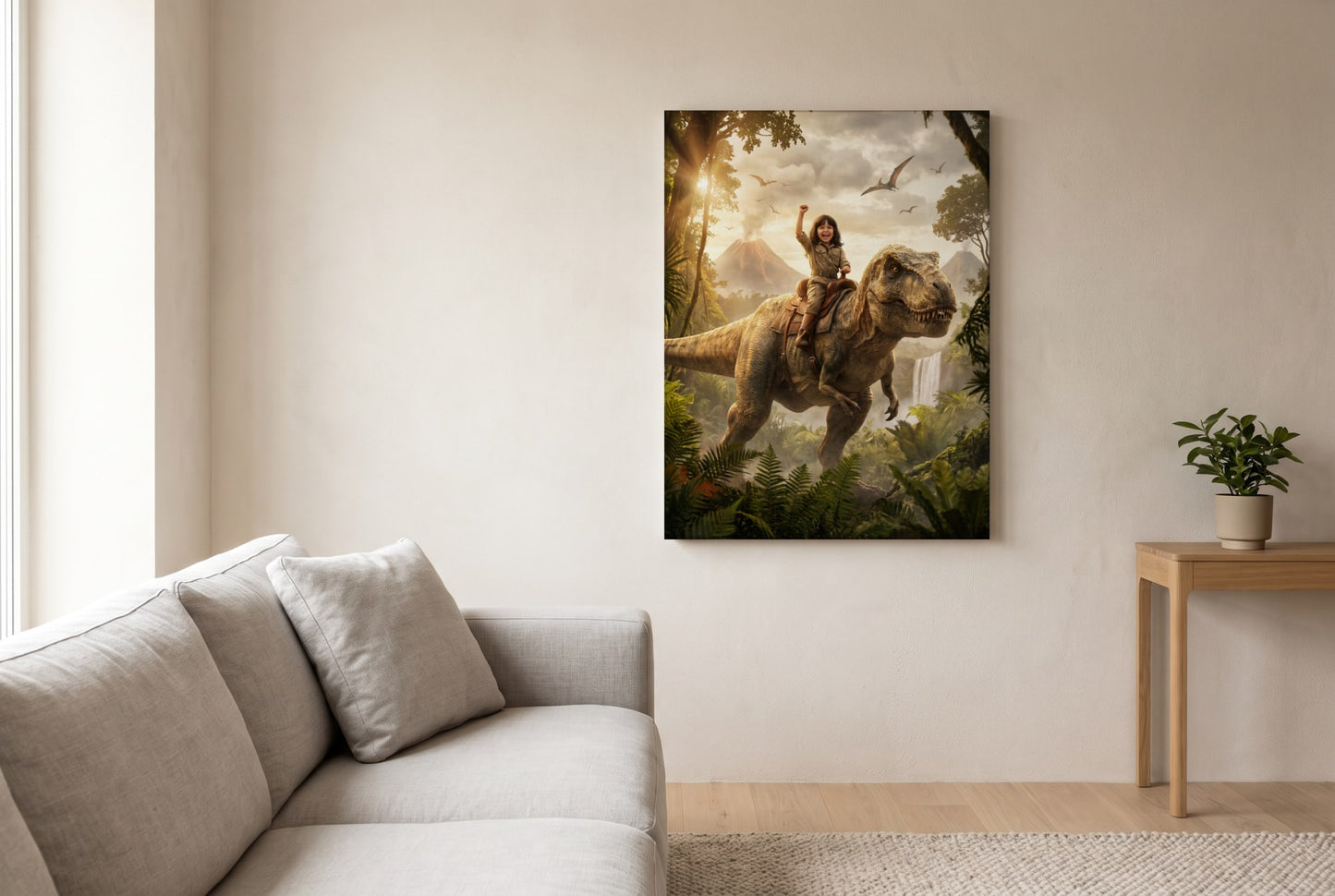 Personalized dinosaur rider artwork shown on canvas