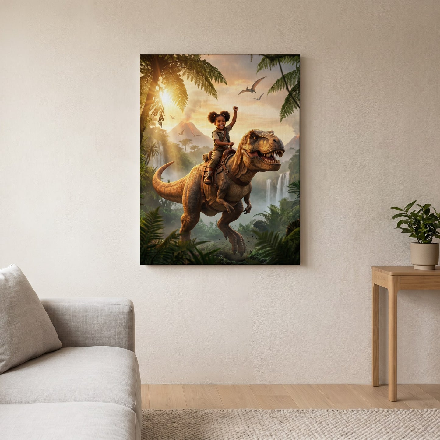 Personalized dinosaur rider artwork shown on canvas