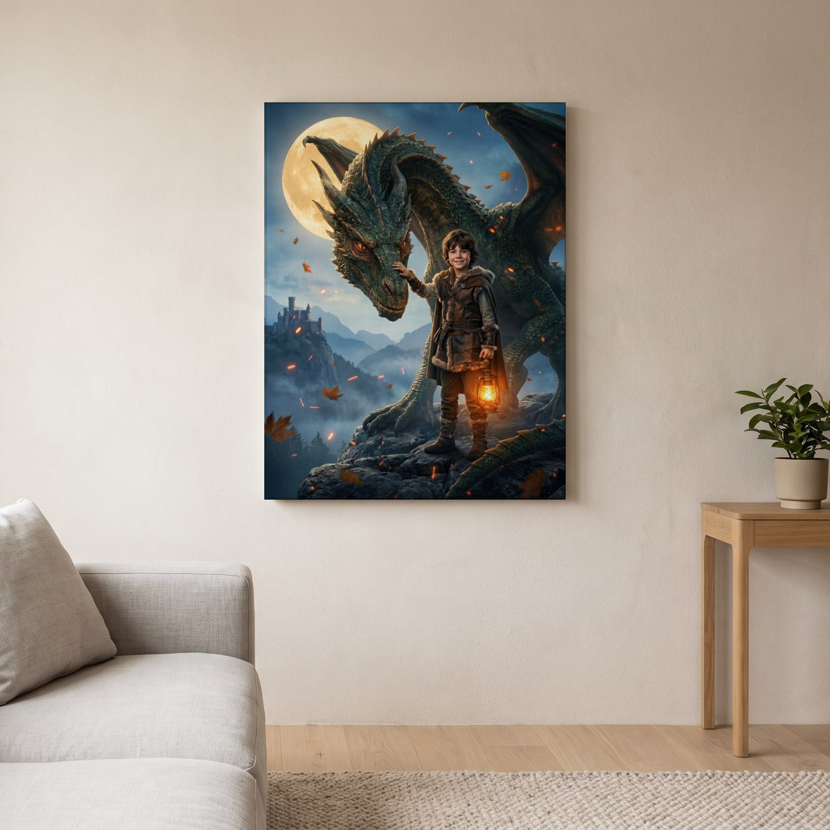 Personalized dragon tamer artwork shown on canvas